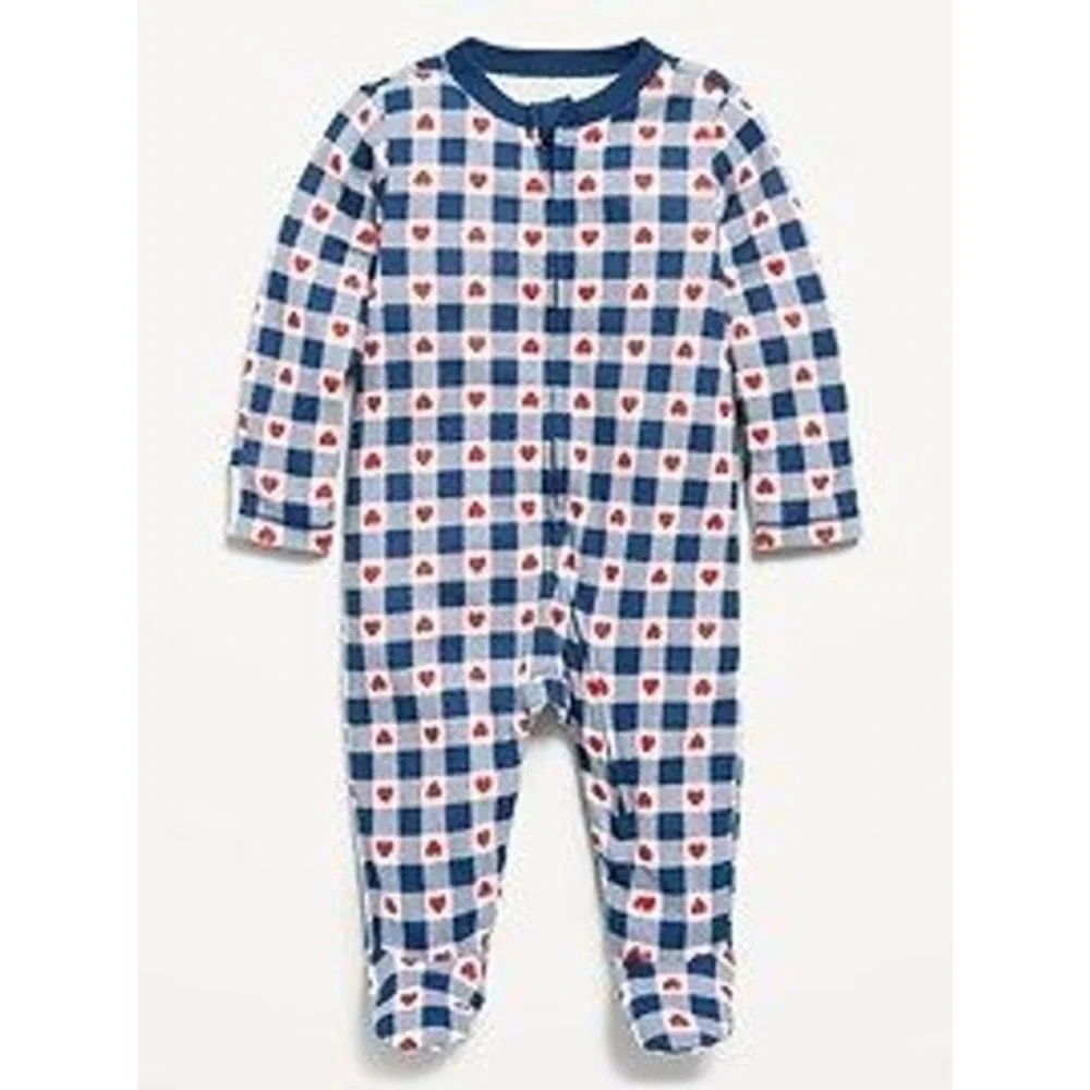 Old Navy Footed Sleeper Baby Newborn Navy Blue Gingham Heart 2-Way Zip Pajamas
